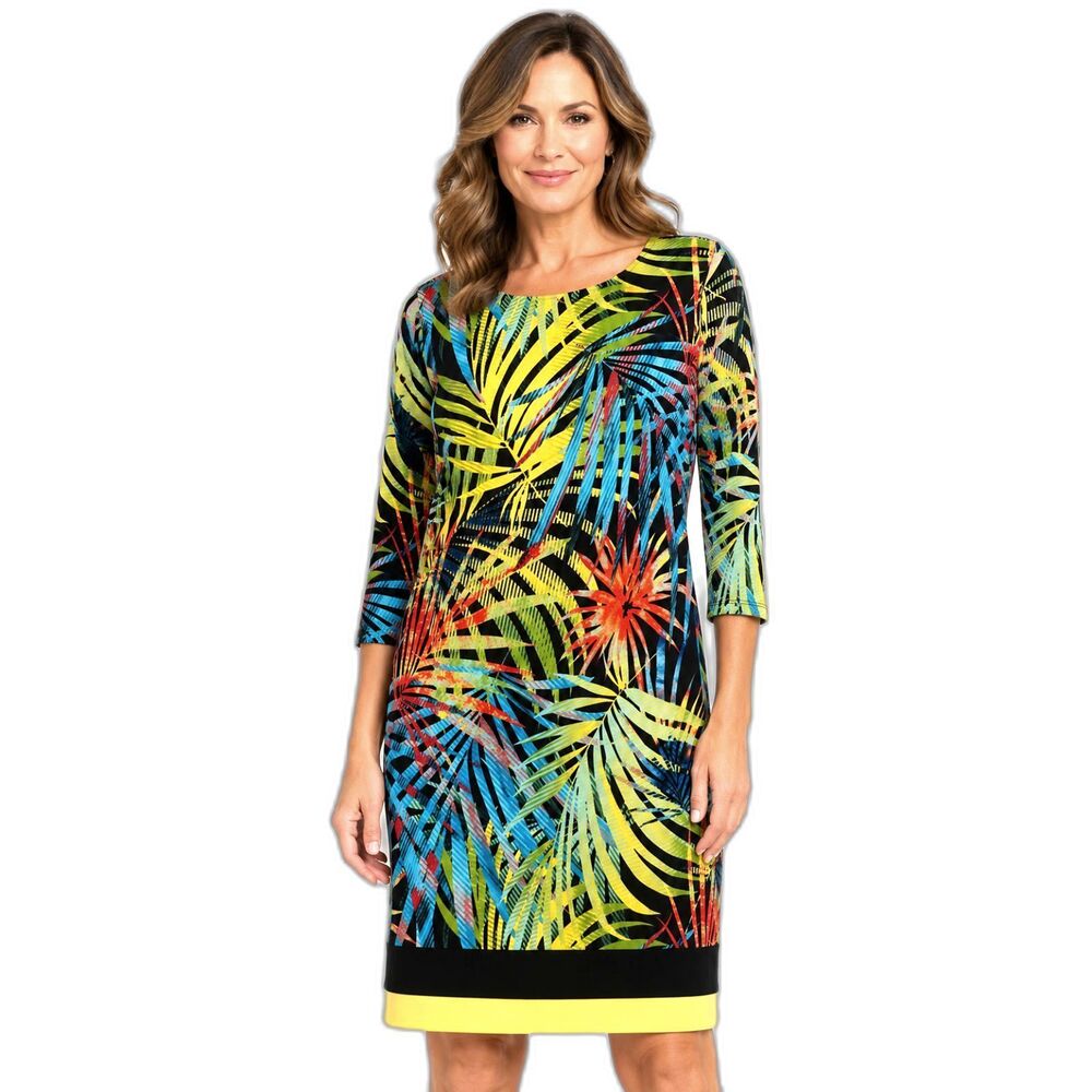 Frank Lyman Tropical Palm Print Sheath Dress 3/4 Sleeve Knee Length Stretch 10